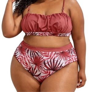 Plus size 2X Tropical High-Waist Bikini Set Rust Red Top Palm Print Bottoms NWT
